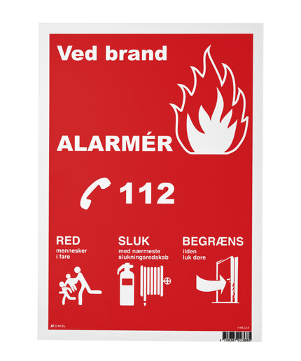 Skilt ved brand alarmér 112. Str. 210x297 mm